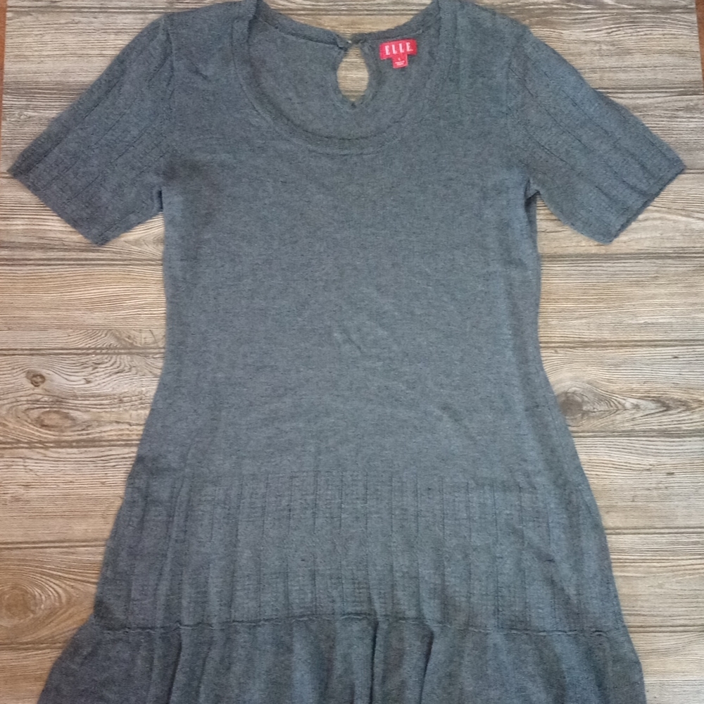 Elle Gray Short Sleeve Flowy Ruffly Knit Sweater Dress